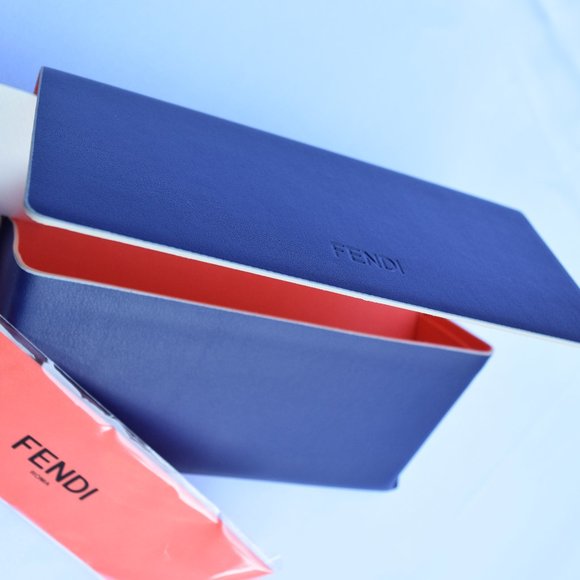 Fendi Sunglasses Case, Large Blue Leather Triangle Hard Case, Coral Cloth, Wide - Picture 6 of 11